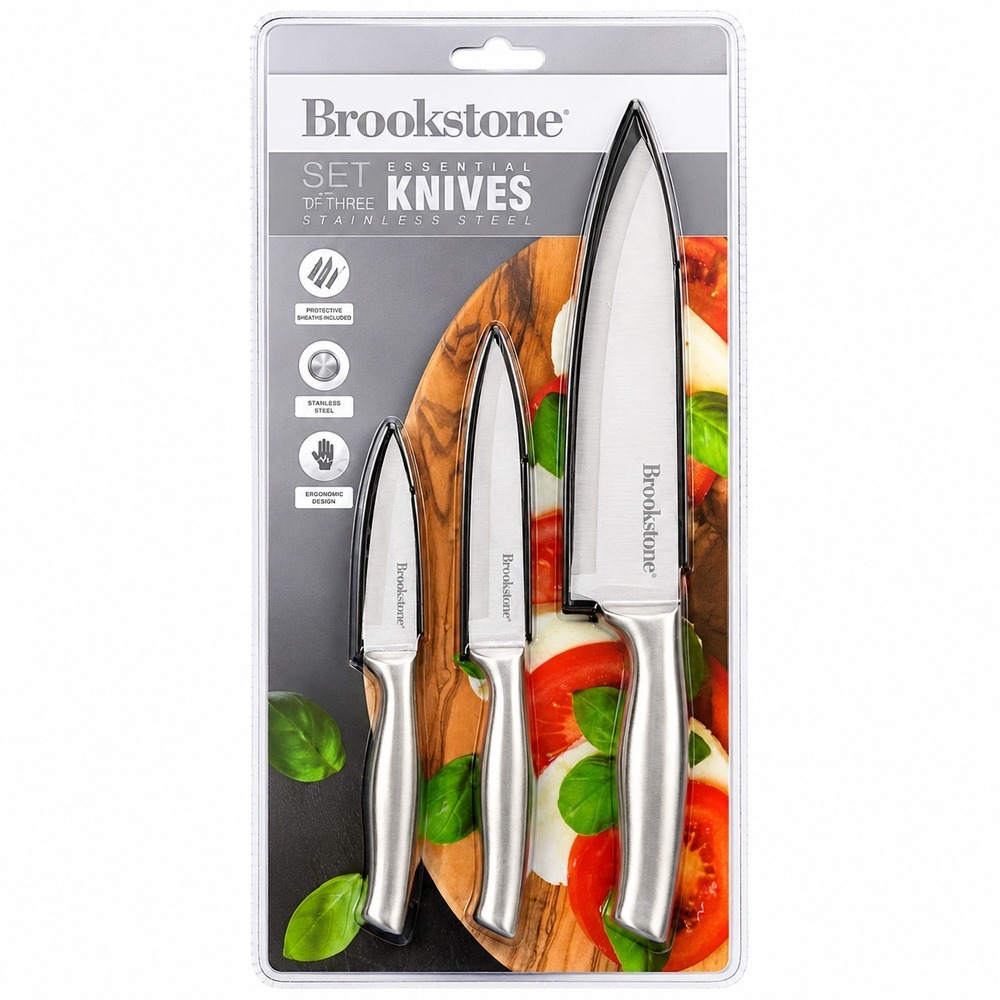 Brookstone 3 Pc Kitchen Knife Set All Stainless Steel Chef Utility Paring NEW